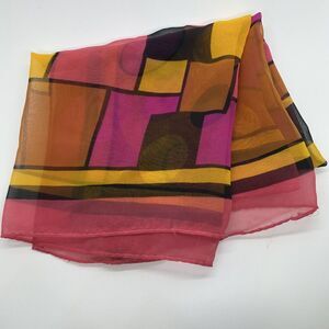 Vintage 60s Sheer Pink Black Gold Geometric Print 25" Square Scarf